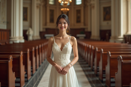 Femme élégante en robe ivoire dans une église
