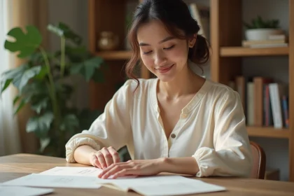 Jeune femme examine des échantillons d'invitations de mariage