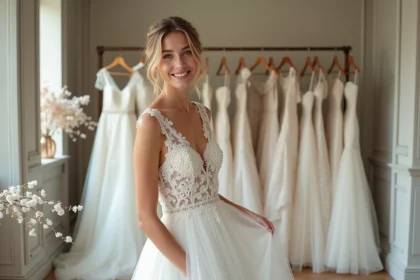 Jeune femme souriante dans sa robe de mariée dans une boutique à Nantes