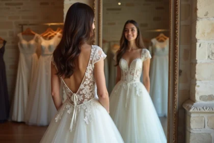 Jeune femme en robe de mariage dans une boutique parisienne