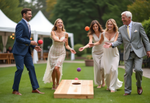 Groupe d'adultes en tenue de mariage jouant au cornhole en extérieur
