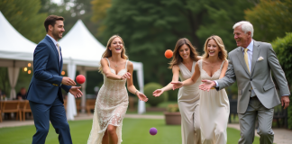 S’amuser à un mariage : idées originales et ambiance festive ! Groupe d'adultes en tenue de mariage jouant au cornhole en extérieur