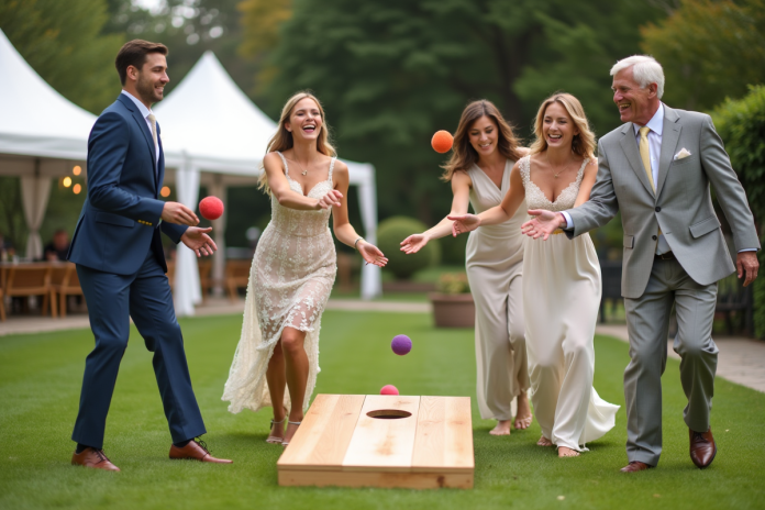 Groupe d'adultes en tenue de mariage jouant au cornhole en extérieur