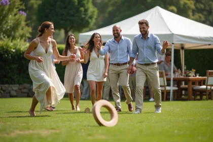 Groupe d'invites jouant à un jeu en plein air lors d'un mariage d'été