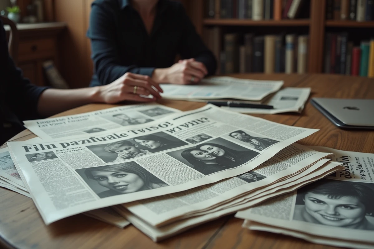 Revue de presse avec mains posées sur un bureau en bois