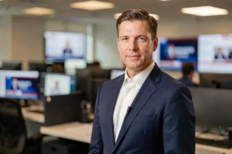 Journaliste de télévision en costume marine devant un plateau de newsroom, illustration du droit à la vie privée des personnalités médiatiques