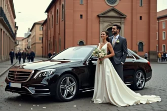 Couple de mariés posant devant une voiture de location noire devant une église en briques roses à Toulouse