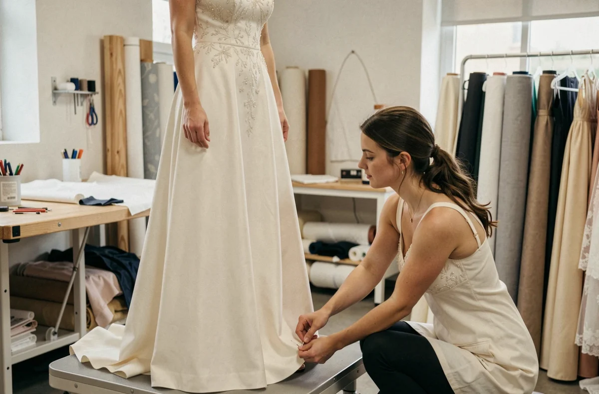 Séance de fitting d'une robe de mariée sur mesure à l'atelier Mademoiselle Fée à Angers, avec une couturière épinglant l'ourlet autour de la future mariée