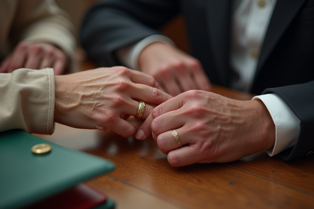 Mains d un couple âgé posant un anneau de mariage