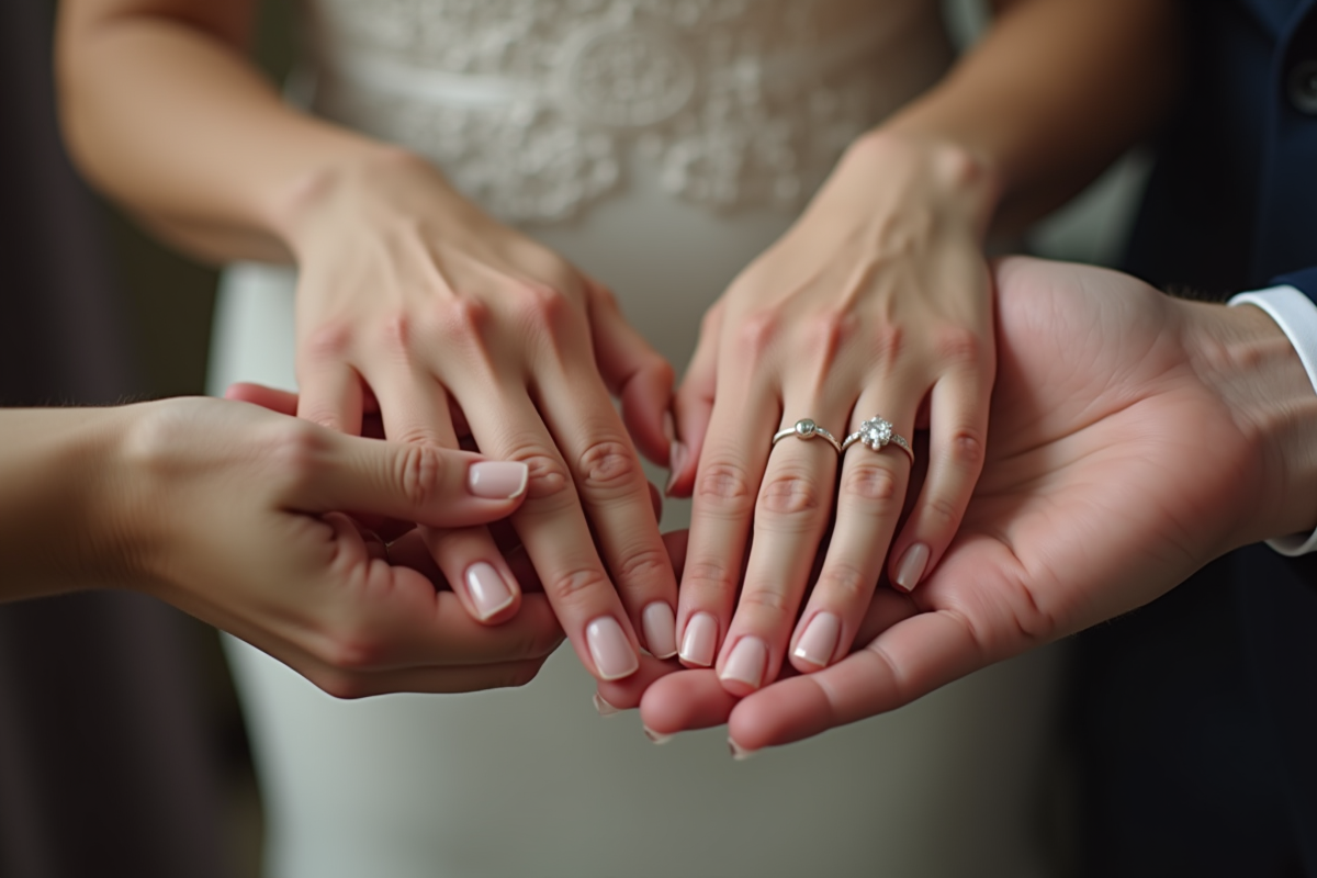 Mains d un couple marié avec alliances entourées de famille