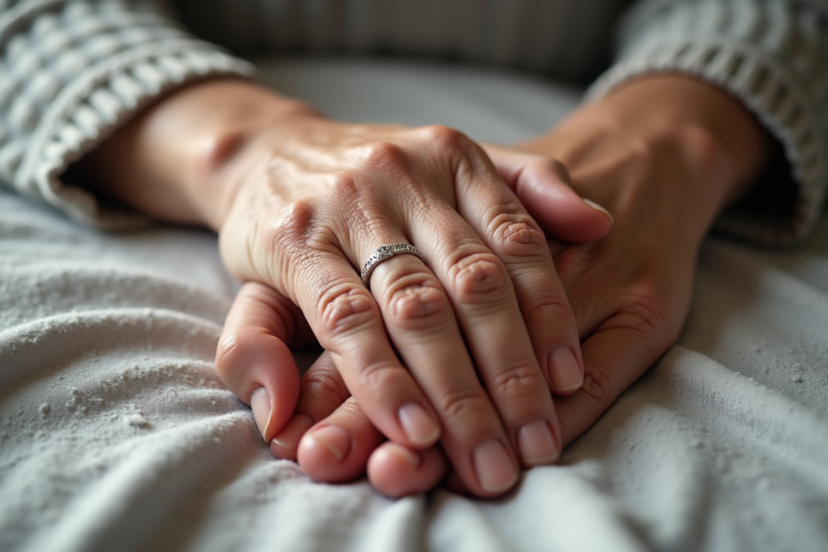 Deux mains agees avec alliances sur tissu platine symbolisant 70 ans