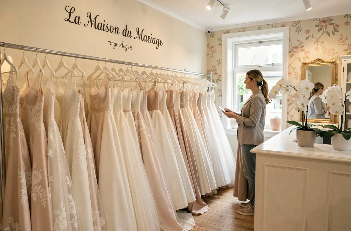 Intérieur de La Maison du Mariage à Angers, avec une future mariée parcourant des robes sur un portant accompagnée d'une conseillère
