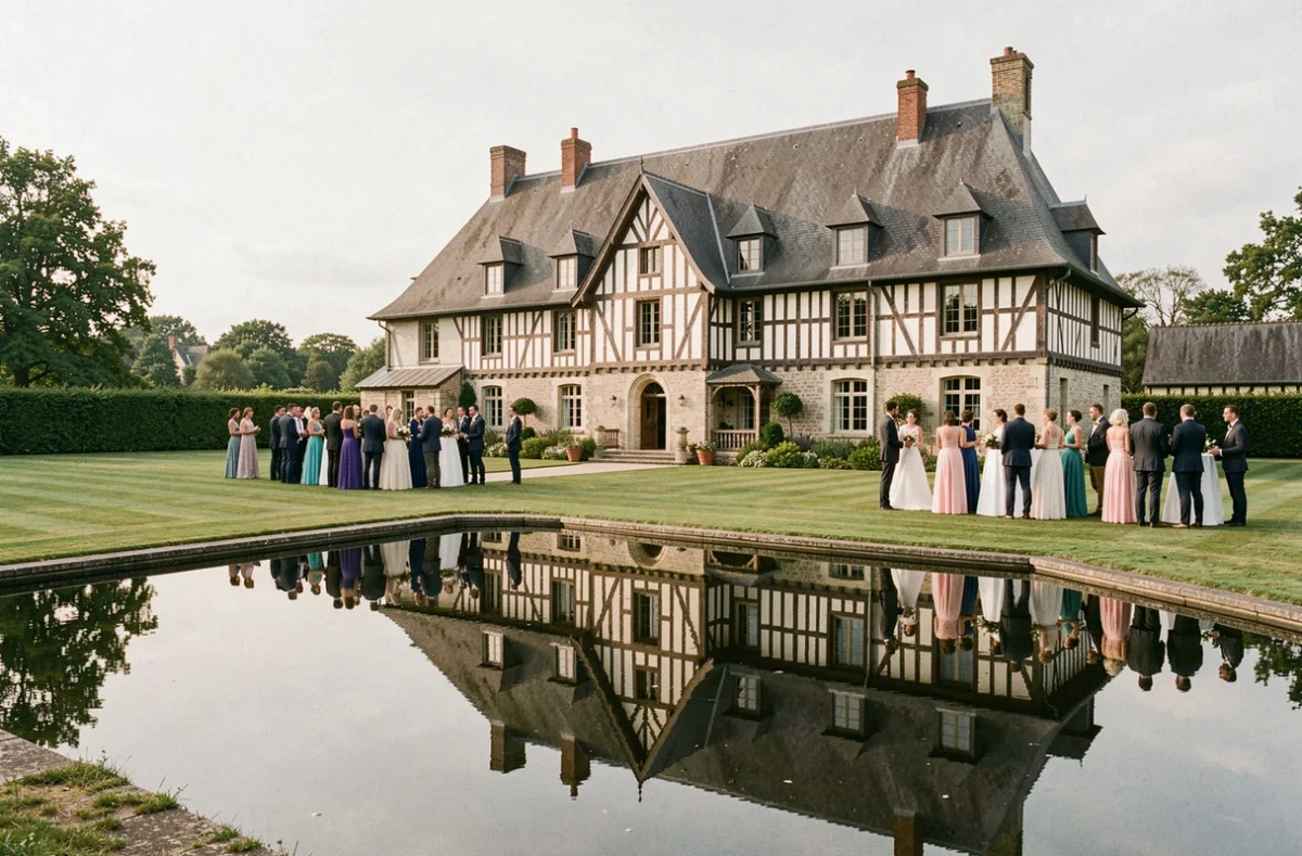 Le Manoir de Chivré dans le Calvados, manoir normand à colombages se reflétant dans un étang avec des invités de mariage réunis sur la pelouse
