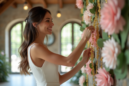 Mariée souriante dans une robe blanche avec décor pastel