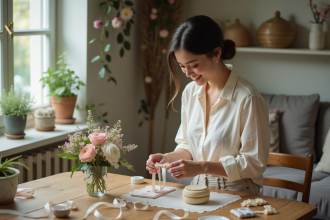 Jeune femme arrangeant des centres de mariage rustiques
