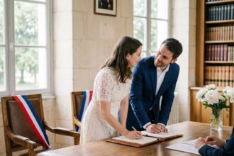 Couple signant le registre lors d'un mariage civil dans une mairie française au décor classique
