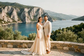 Couple de mariés élégants sur une terrasse en pierre avec vue sur la côte albanaise et ses eaux turquoise