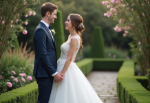 Présentation des mariés : comment bien réussir ? Conseils et astuces Jeune couple de mariés souriants dans un jardin fleuri