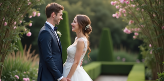 Jeune couple de mariés souriants dans un jardin fleuri