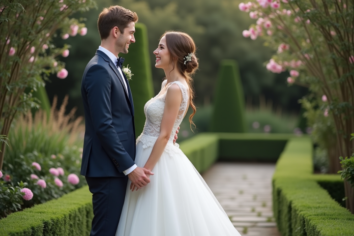 mariage-couple-jardin Jeune couple de mariés souriants dans un jardin fleuri