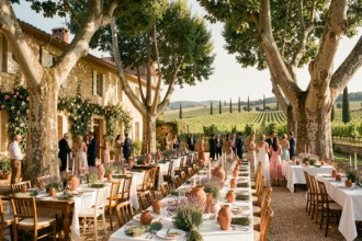 Vue panoramique d'une réception de mariage provençale dans la cour d'un château en pierre avec tables dressées sous les platanes et vignobles en arrière-plan