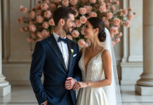 Mariée élégante en robe ivoire avec marié en smoking bleu nuit