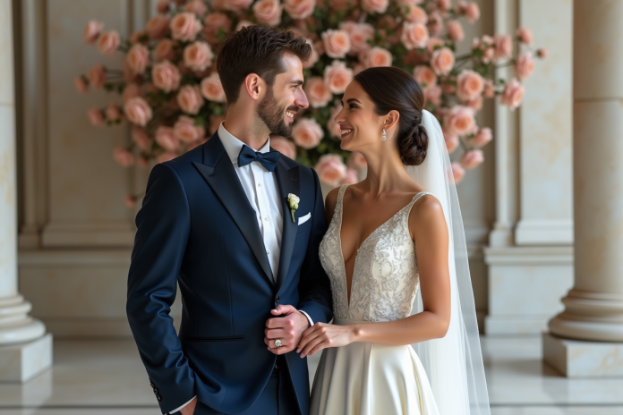 Mariée élégante en robe ivoire avec marié en smoking bleu nuit