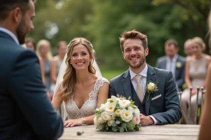 Jeune couple de mariés souriants lors d'une cérémonie en plein air