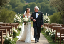 Mariage en plein air avec une mariée et son père souriants
