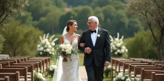Mariage en plein air avec une mariée et son père souriants