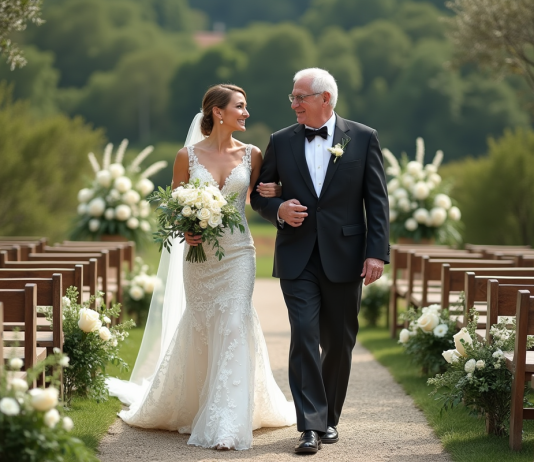 Idées déco pour mariage : sublimer l’allée de cérémonie en extérieur ! Mariage en plein air avec une mariée et son père souriants