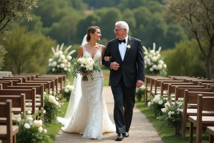 Mariage en plein air avec une mariée et son père souriants