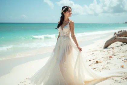 Femme en robe de mariage en lace sur la plage