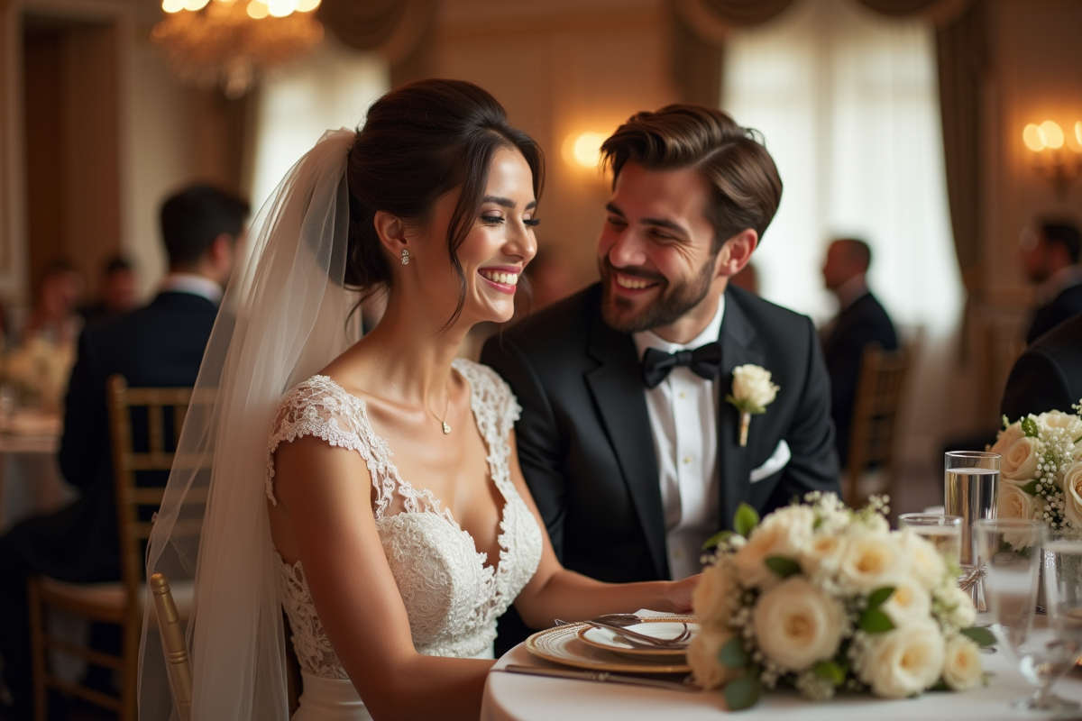 Jeune couple de mariés riant dans une salle de réception élégante