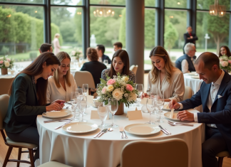 Disposition parfaite des tables pour un mariage : nos conseils d’expert Groupe d'adultes élégants organisant des cartes de nom lors d'une réception de mariage