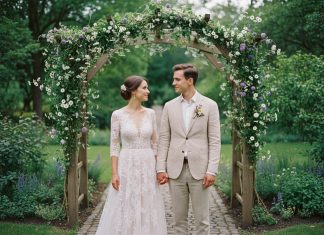 Le style au cœur du grand jour : inspirations pour un mariage unique Jeune couple de mariés dans un jardin avec arche en bois