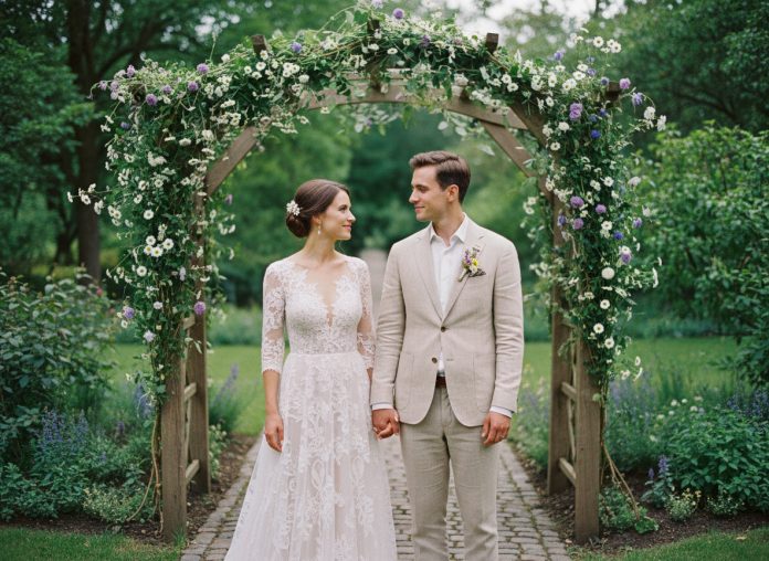 mariage-robe-lace-garcon Jeune couple de mariés dans un jardin avec arche en bois