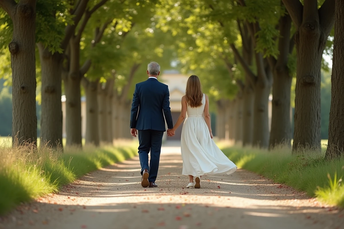 Couple de mariés marchant main dans la main sur une allée arborée d'un domaine champêtre français, ambiance discrète et romantique