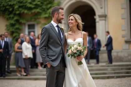 Couple élégant en tenue de mariage discrète sur les marches d'une mairie française en pierre, atmosphère intime et authentique