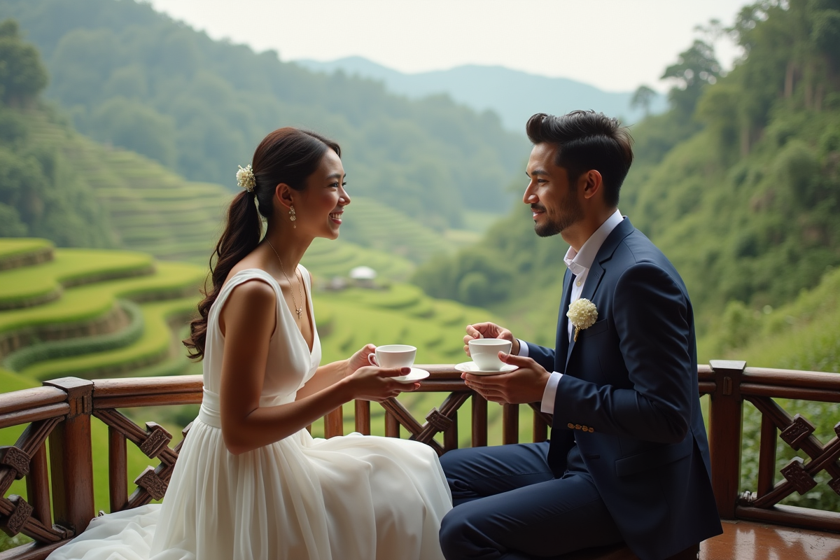 Jeune couple marié profite terrasse avec rizières en Bali