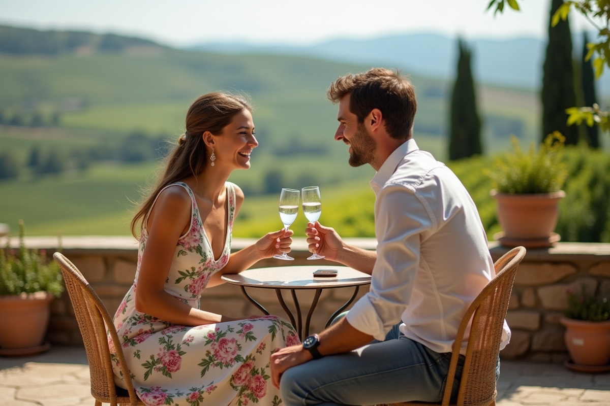 Jeune couple en mariage trinant sur une terrasse en vignoble