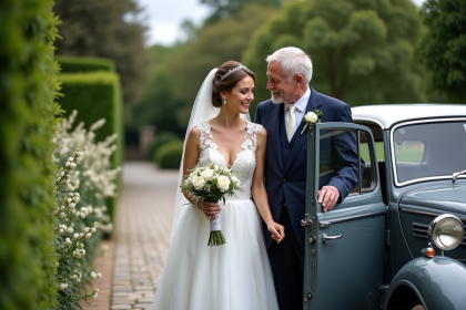 Jeune mariée souriante devant une voiture vintage avec son père