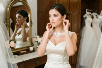 Mariée élégante ajustant une boucle d'oreille en perle devant un miroir vintage dans une boutique de robes de mariée parisienne