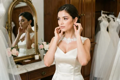 Mariée élégante ajustant une boucle d'oreille en perle devant un miroir vintage dans une boutique de robes de mariée parisienne