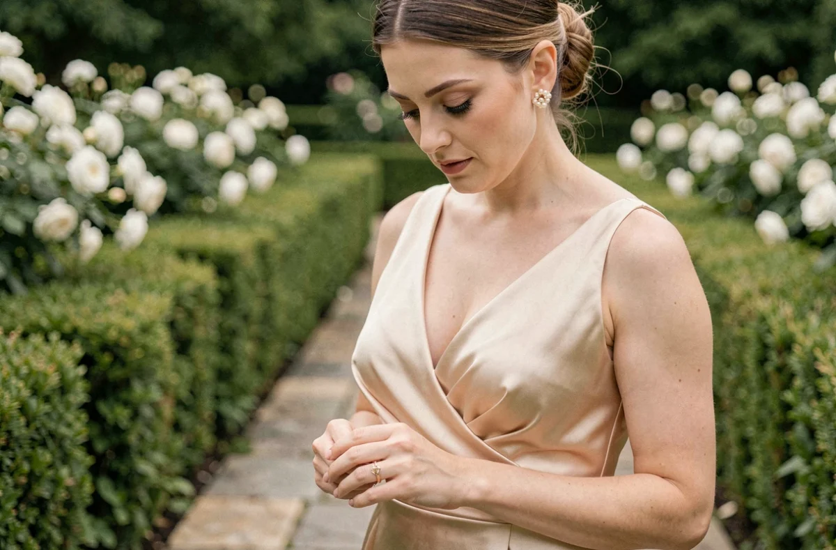 Mariée en robe champagne dans un jardin fleuri, montrant son alliance en or rose assortie à ses boucles d'oreilles perles