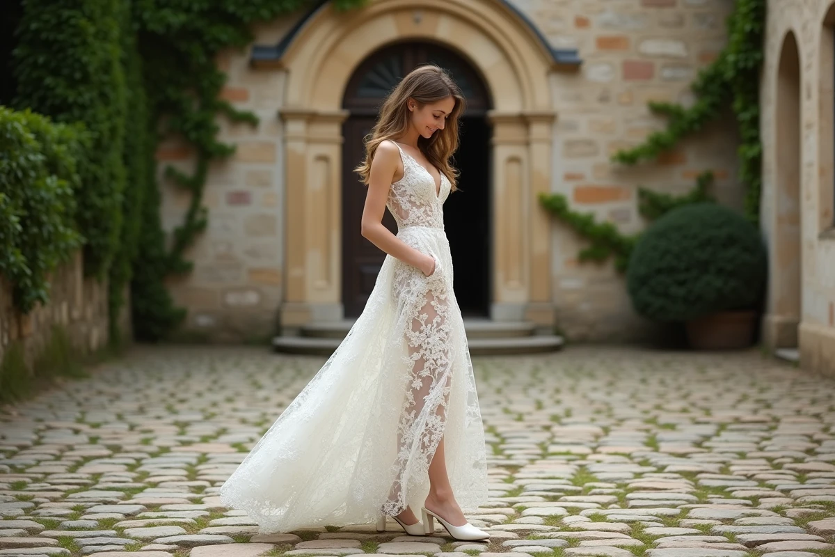 Mariée en robe en dentelle portant des mules blanches en cuir dans la cour d'un château français