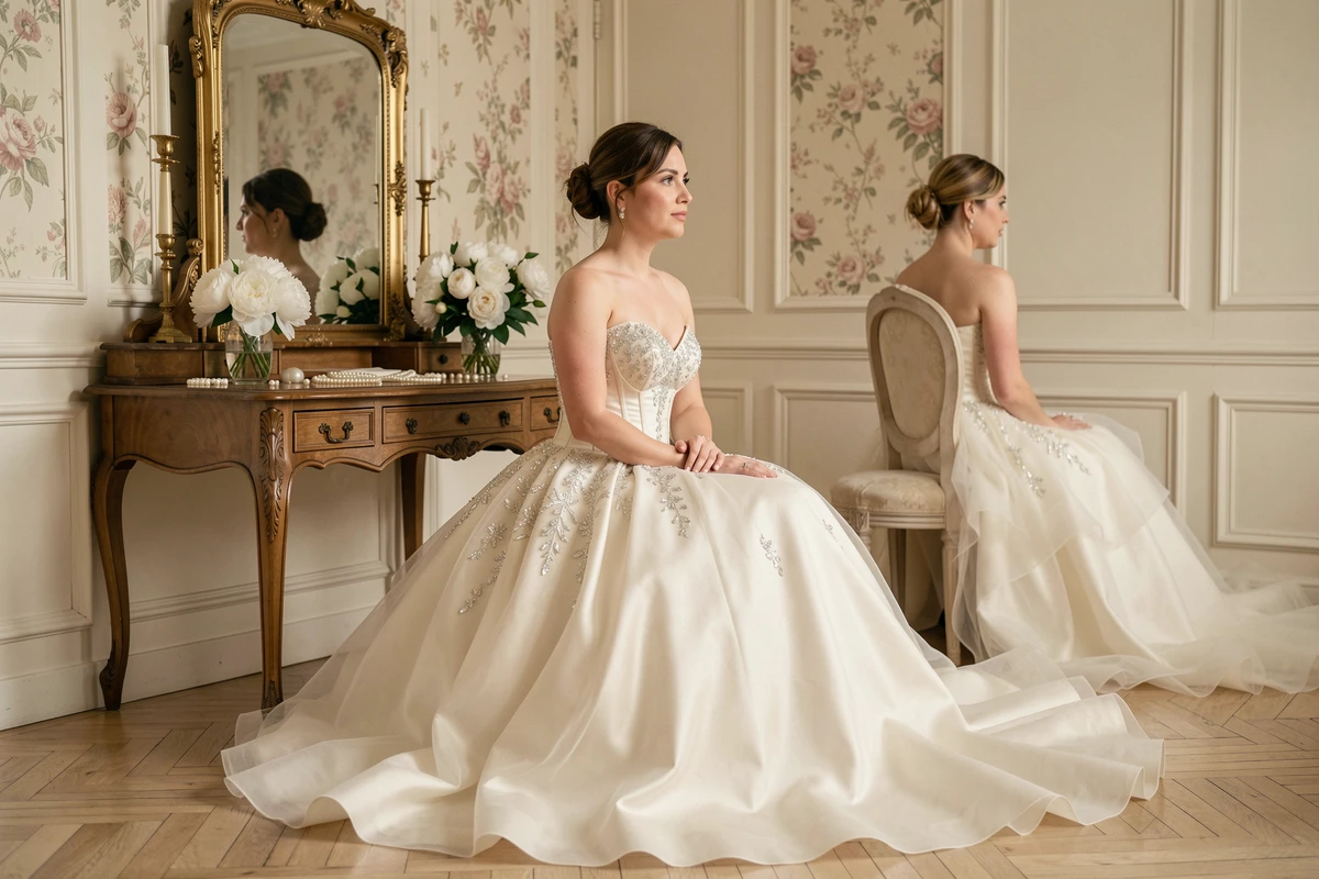 Mariée en robe de bal princesse avec cristaux assise devant une coiffeuse ancienne dans une suite nuptiale