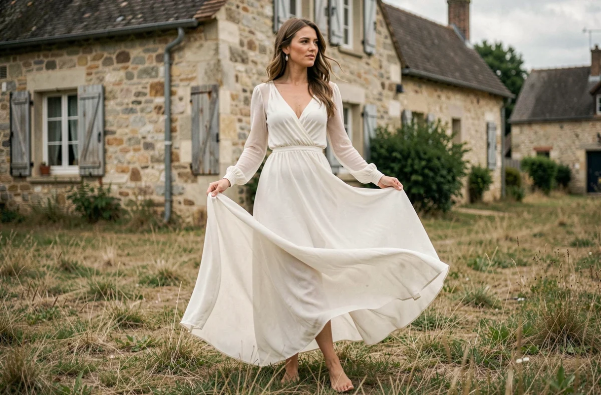 Future mariée en robe bohème fluide dans un pré en milieu rural français