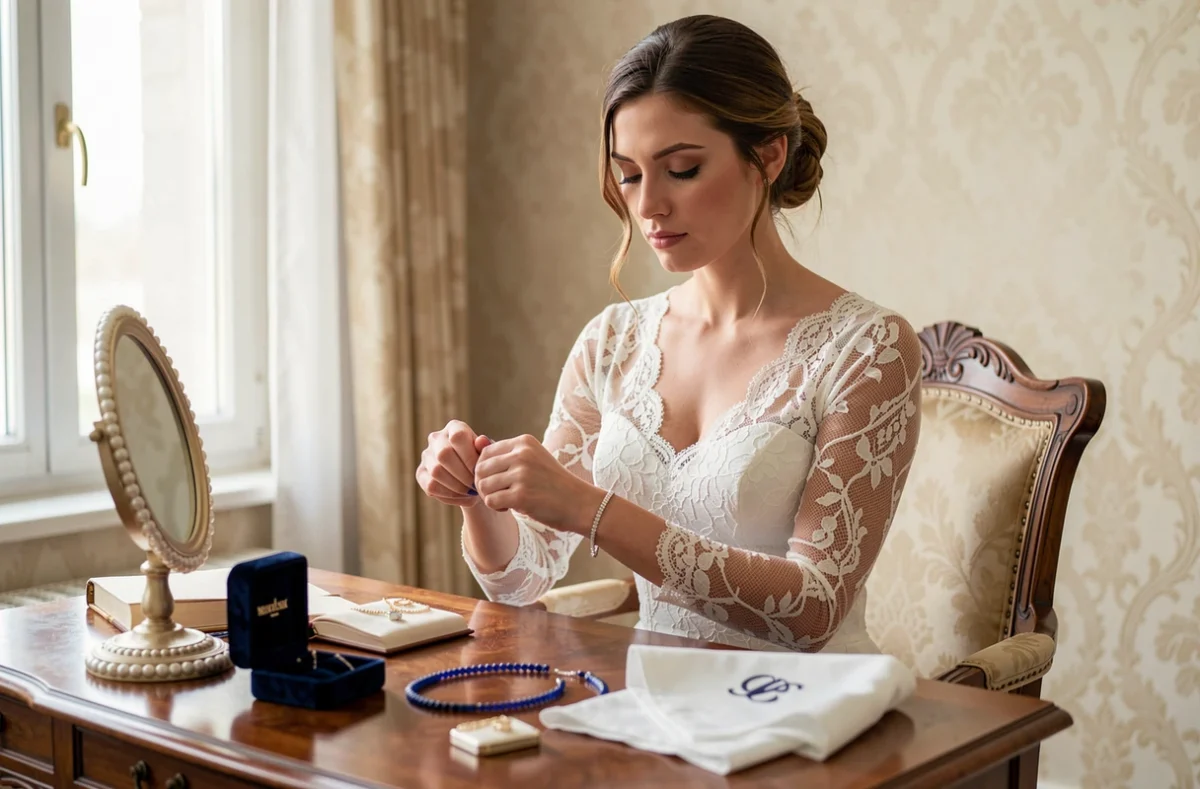 Mariée en robe en dentelle assise à une coiffeuse ancienne attachant un bracelet en diamants avec des accessoires de mariage élégants