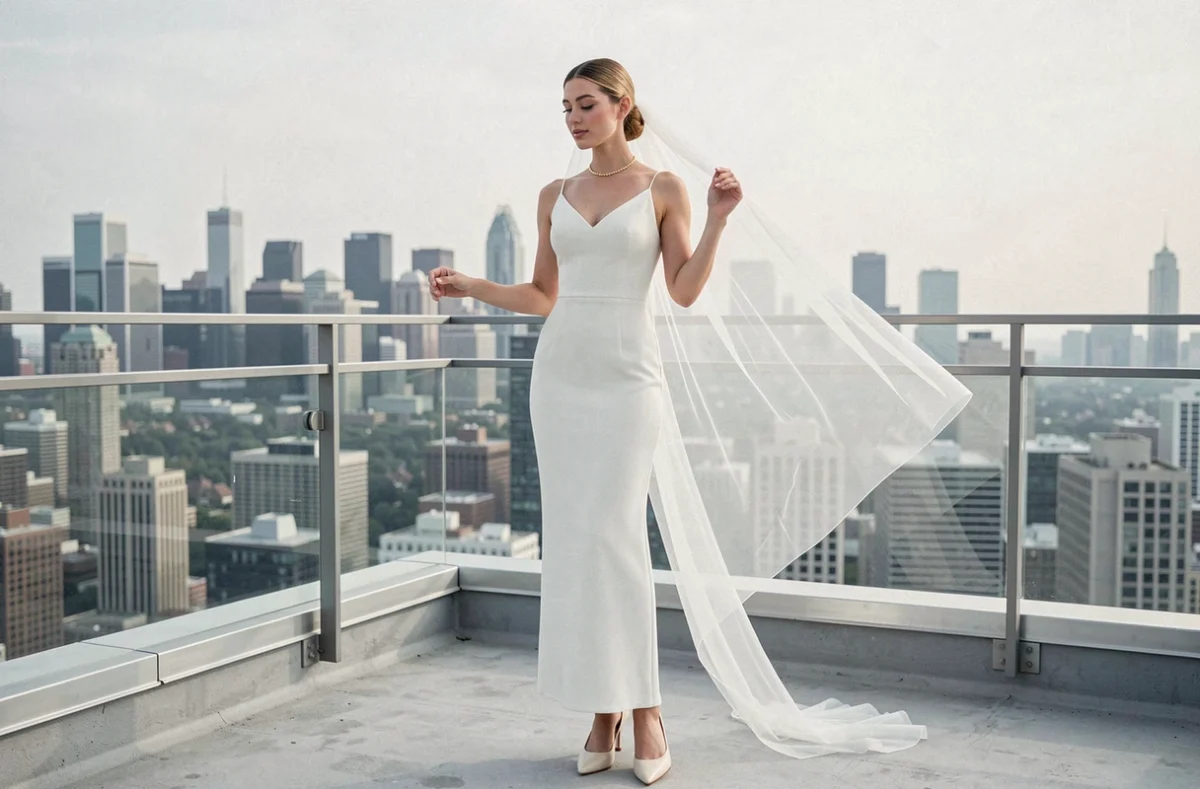 Mariée en robe fourreau crêpe minimaliste sur un rooftop urbain ajustant son voile cathédrale avec la skyline en arrière-plan
